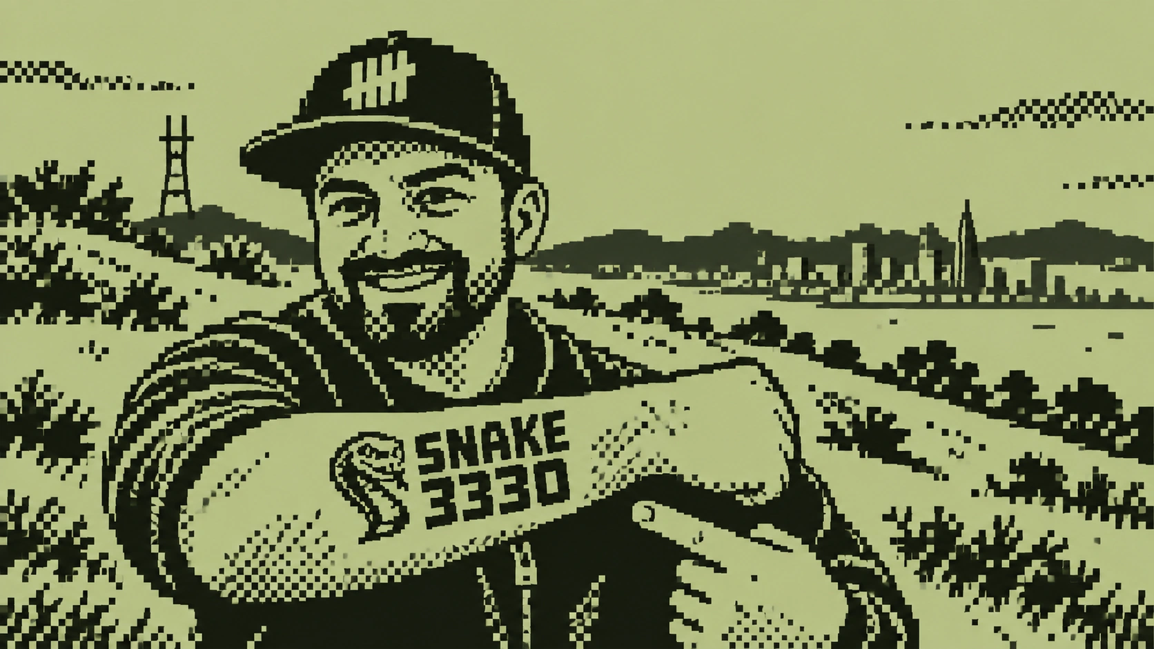 An olive-green pixel-art portrait of Michal overlooking San Francisco and showing his Snake 3330 tattoo.